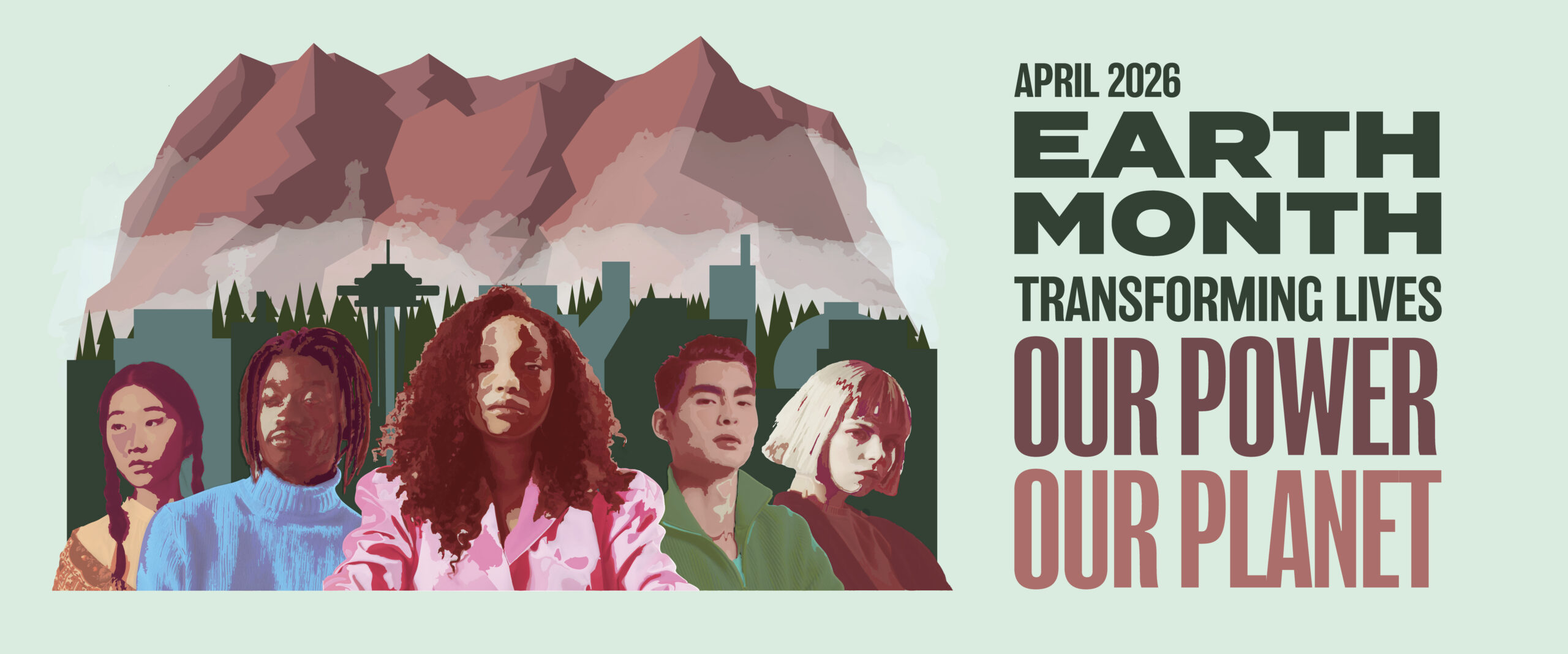A group of diverse people in bright colors in front of a city, forest and mountain scape.