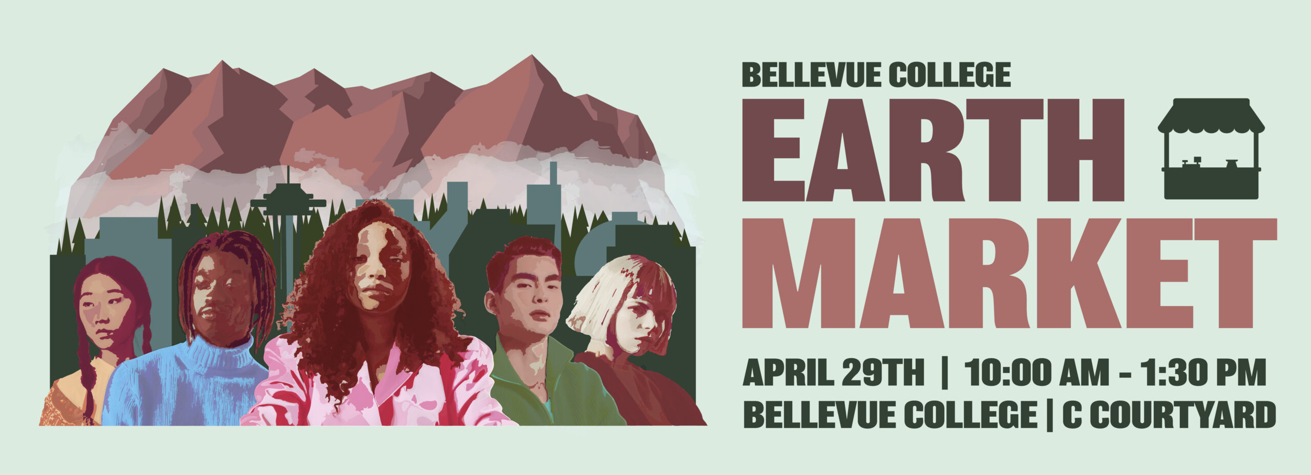 Bellevue College Earth Market april 29th 10:30 AM - 1:30 PM
Bellevue college C courtyard. Color people in front of seattle's city scape and mountains