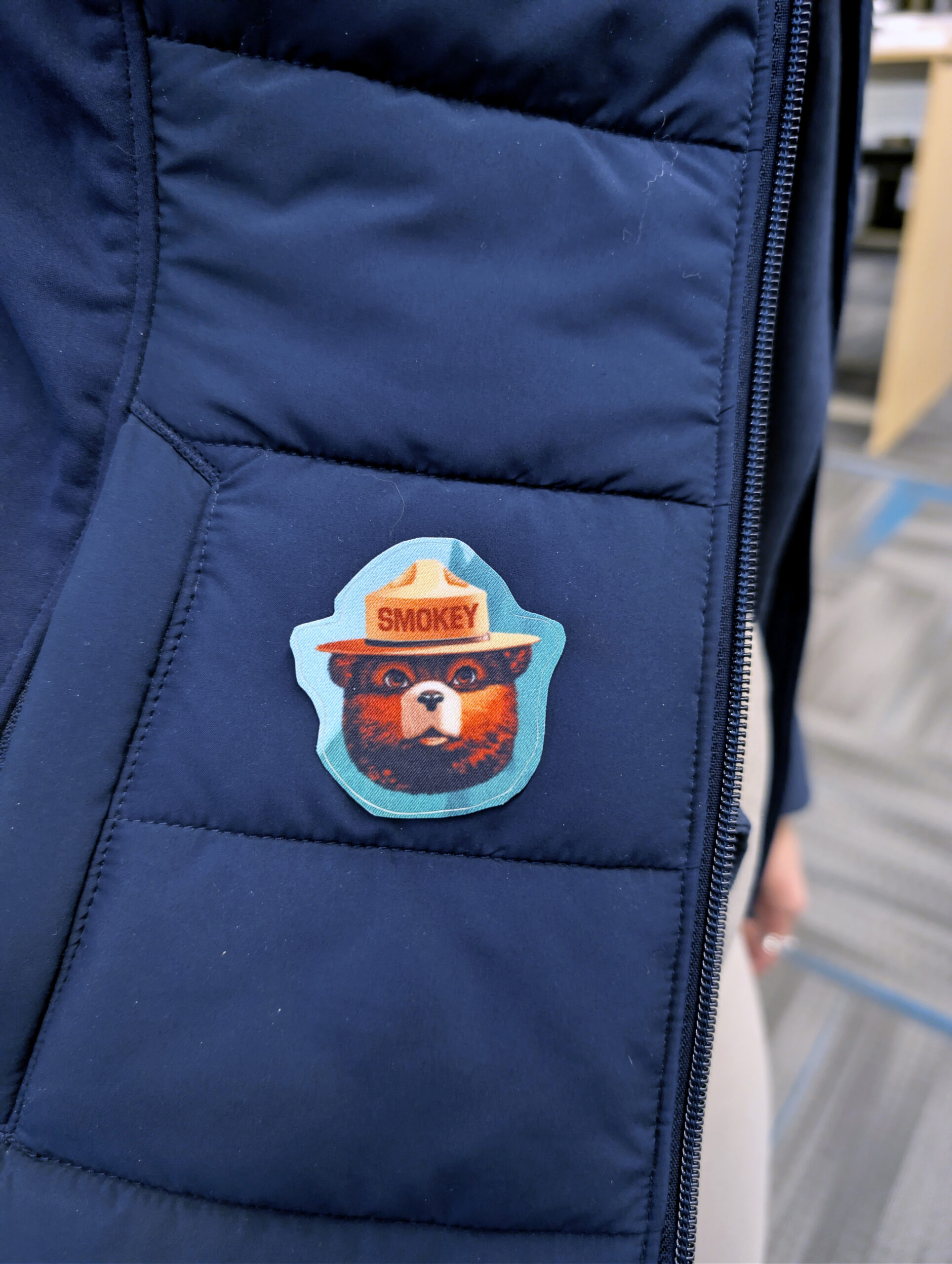 person with blue vest with an smokey the bear patch