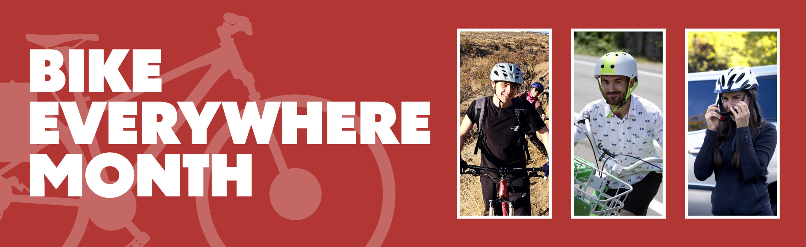 Bike Everywhere Month. Three people with bike helmets on smiling with bikes