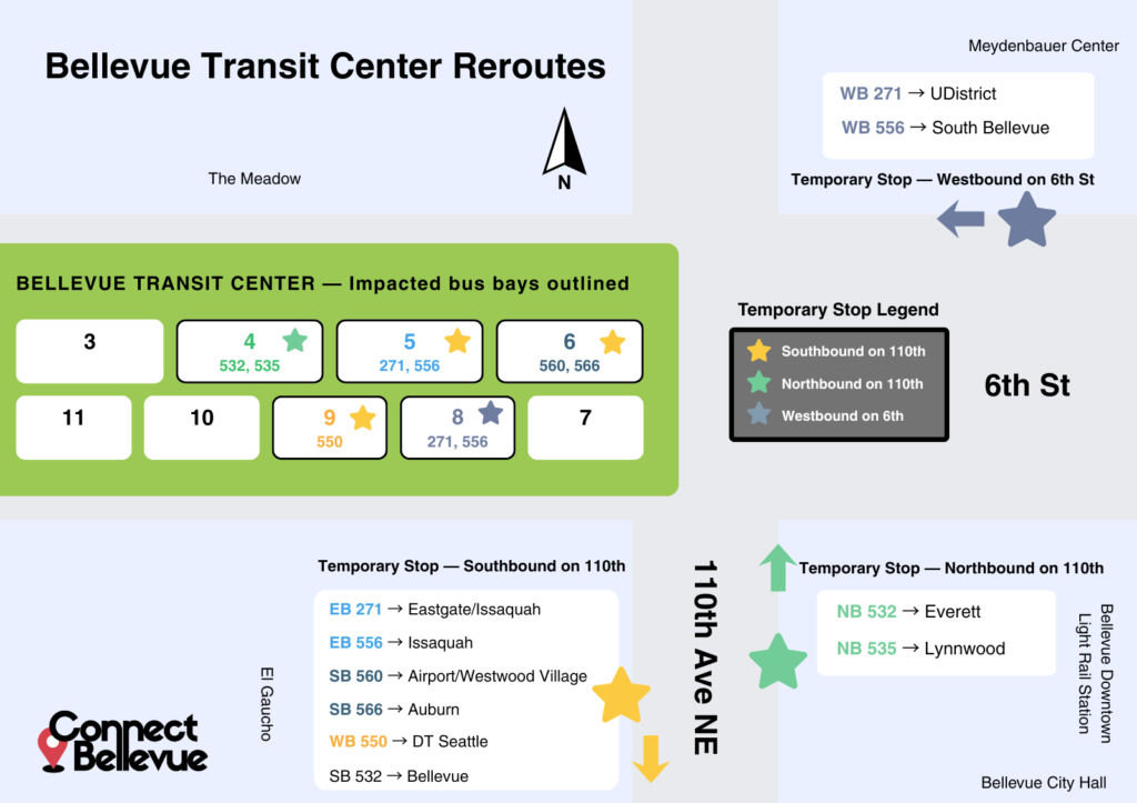 Map detailing bellevue transit center reroutes