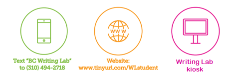 You can access QLess by texting "BC Writing Lab" to phone number: (310) 494-2718, going to www.tinyurl.com/WLstudent, or using the Writing Lab kiosk computer