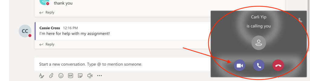 Image of a call being started in Teams, the icons for video and audio calls are circled