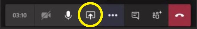 Image of Teams call menu
Menu icons from left to right: duration of call, muted camera, active microphone, share screen (circled), more options (including sound and video settings), chat, participants, and end call