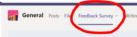 Where to find the "Feedback Survey" tab in the Writing Lab Team General channel