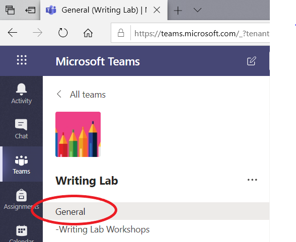 Image of the Writing Lab Team web version with the General channel circled
