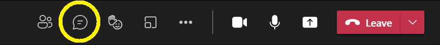 The control panel in a live Teams meeting has icons, from left to right: show participants, show chat, reactions/raise hand, breakout rooms, more actions, camera, microphone, share screen, and leave. The chat icon is circled.