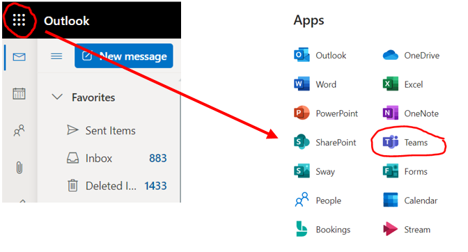 The "waffle" icon in Office 365 is circled with an arrow to an image of the App Launcher with the Teams icon circled.