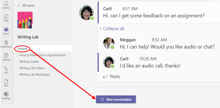 Combined view of the Writing Lab General channel with an arrow to indicate the New Conversation button