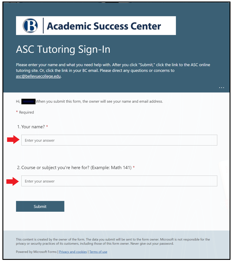 ASC Tutoring Sign-In form for drop-in tutoring