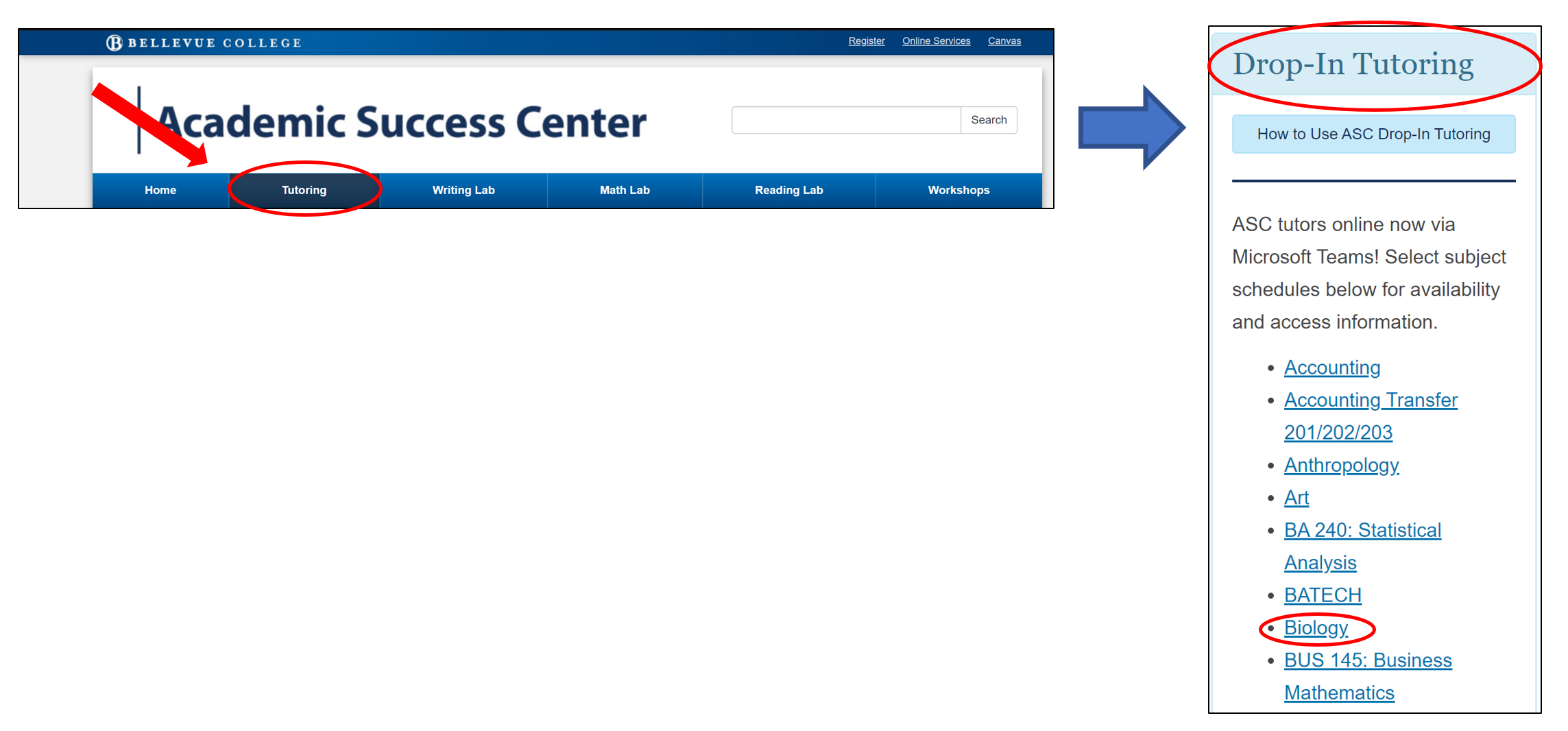Locating tutoring schedules on ASC website.
