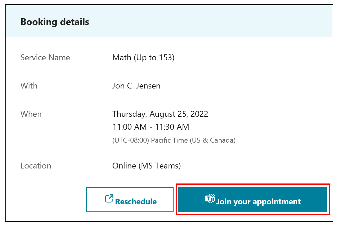 Tutoring appointment email message.