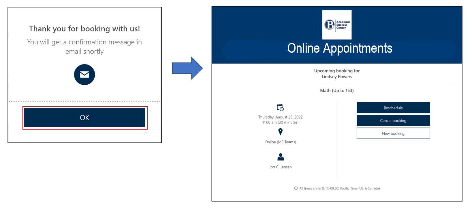 Tutoring appointment confirmation screen