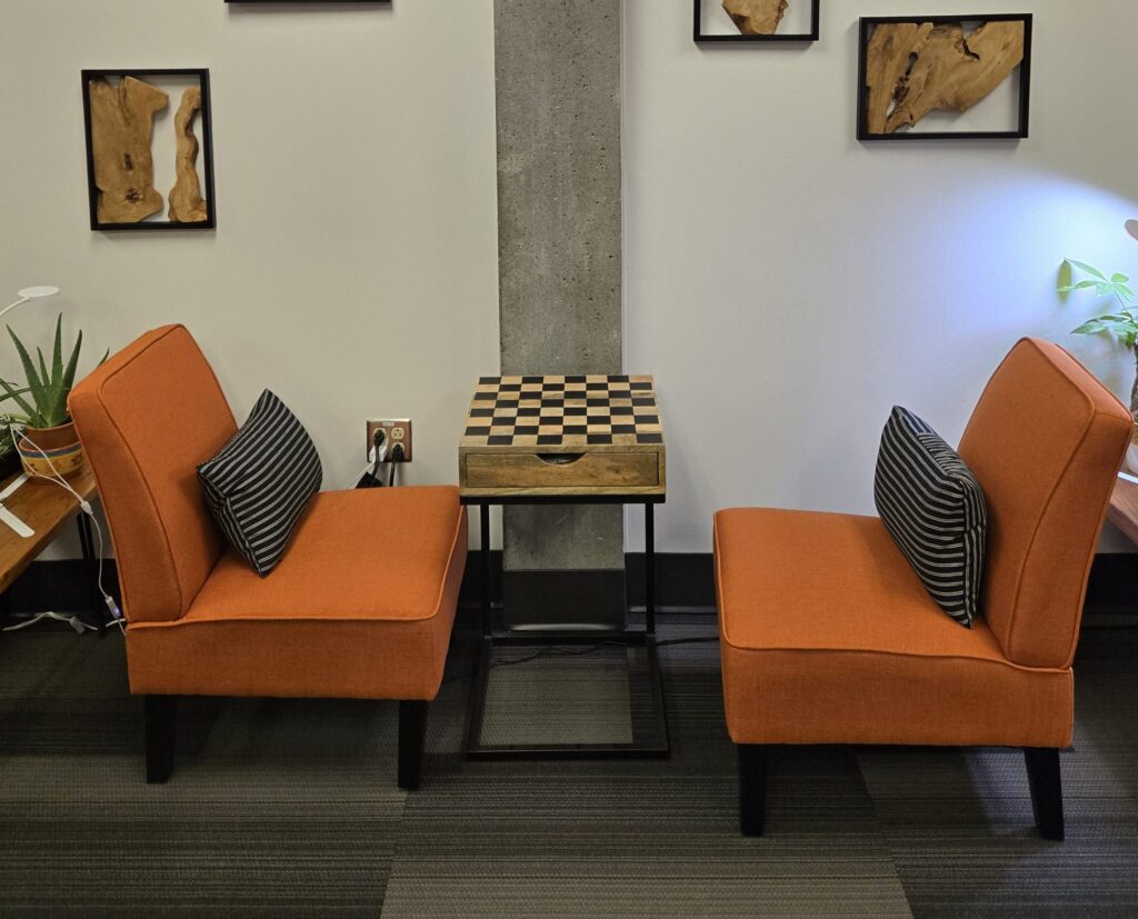 Writing Lab chill zone with comfortable seating.