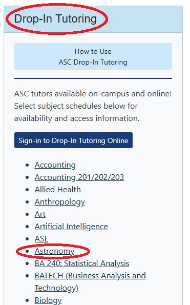Drop-In Tutoring List
