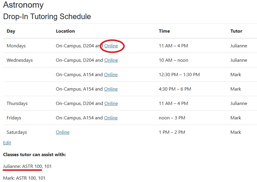 Astronomy Drop-In Tutoring Schedule