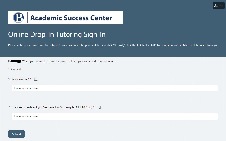 Online Drop-In Tutoring Sign-In