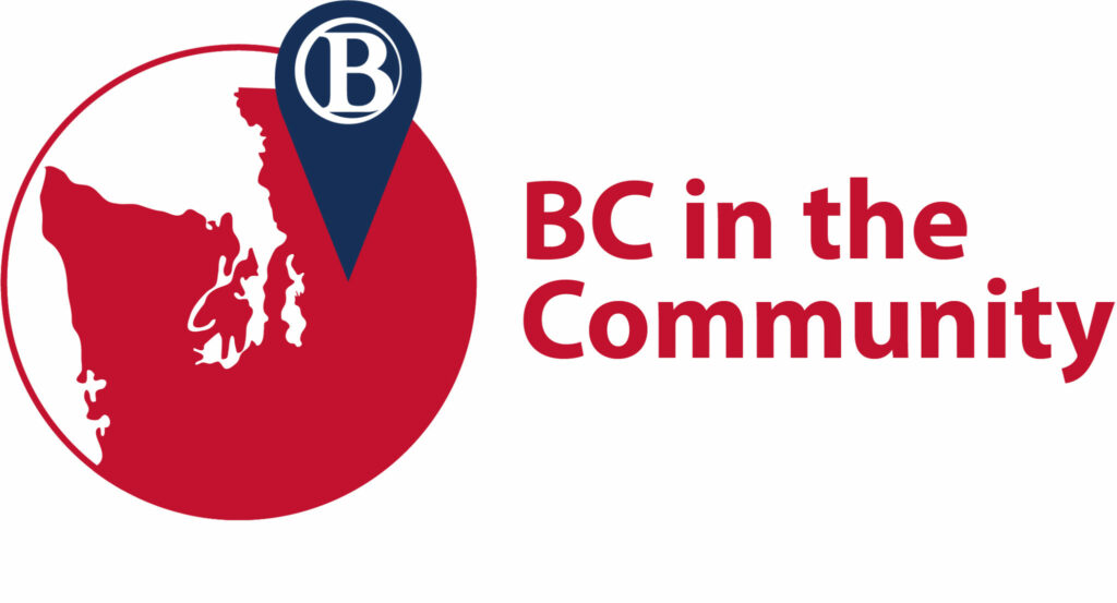 Logo for BC in the Community with writing in red and a red image of Western Washington with a blue tab with the Bellevue College logo