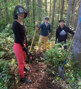 Three people with shovels in the forest