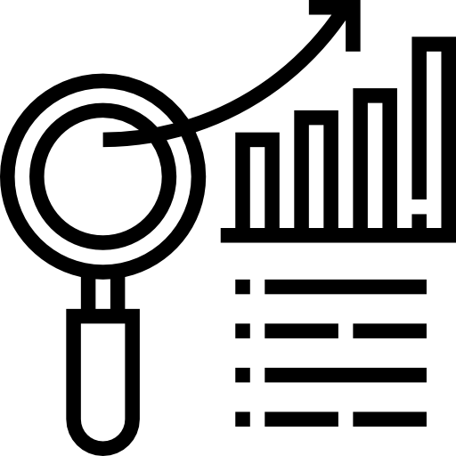 Line icon of magnifying glass, bar graph, and list, to represent community-based research