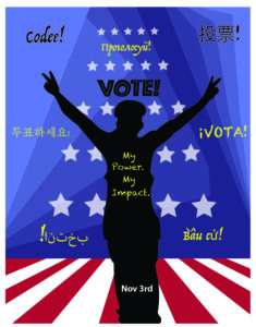 Silhouetted person with peace gesture with a blue background and red and white floor, with VOTE! written above, "My Power. My Impact." written in the silhouette, and "Nov 3" written at the bottom. Also has "VOTE!" written in Spanish, Russian, Vietnamese, Arabic, Somali, and Chinese (traditional and simplified)