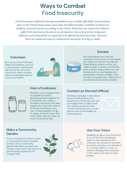 Infographic about "Ways to Combat Food Insecurity," including to volunteer, donate, host a fundraiser, contact an elected official, make a community garden, and use your voice.