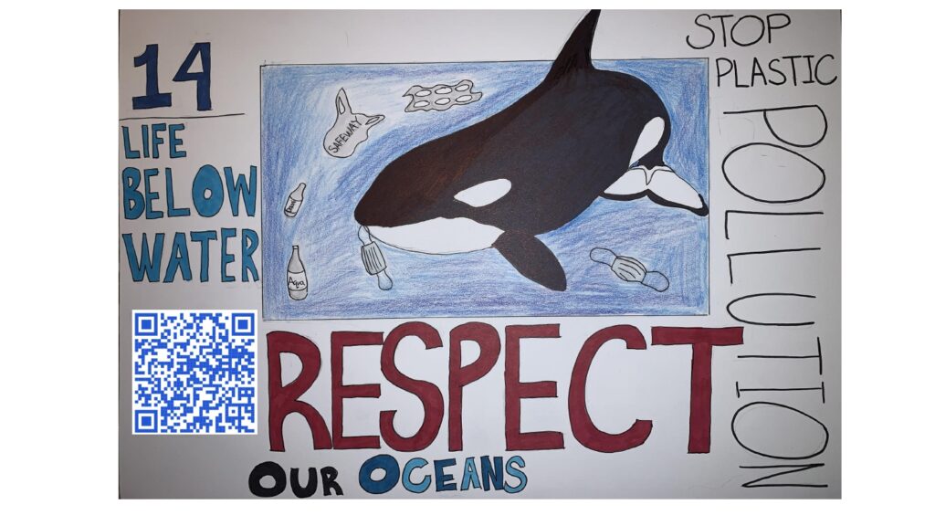 Image of orca whale surrounded by plastic waste, and stating "Stop Plastic Pollution, Respect Our Oceans." Connected to United Nations Sustainable Development Goal 14.