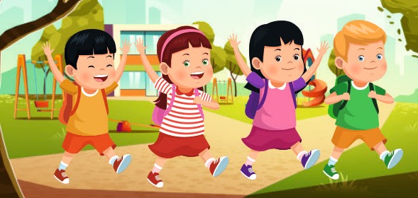 Picture of four young cartoon kids running in a playground.