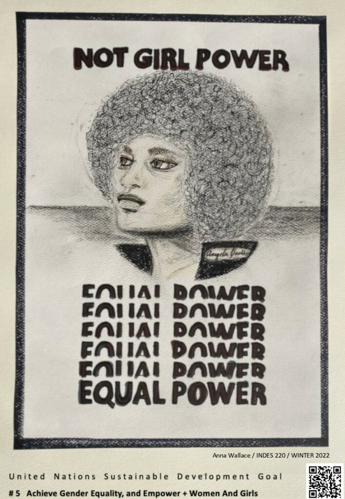 Poster sketch of Angela Davis, stating "Not Girl Power, Equal Power" with Equal Power emphasized through repetition. Connected to United Nations Sustainable Development Goal 5.