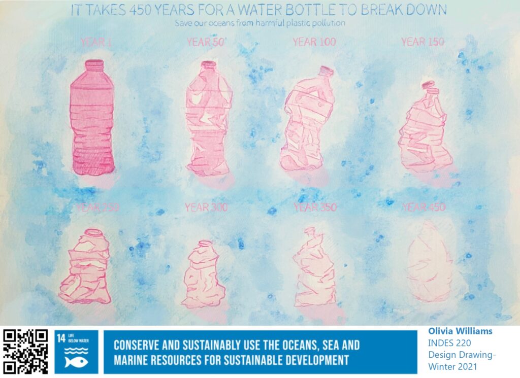 Light pastel poster of a pink plastic bottle breaking down over 450 years, stating "It takes 450 years for a water bottle to break down, Save our oceans from harmful plastic pollution." Connecting to United Nations Sustainable Development Goal 14.