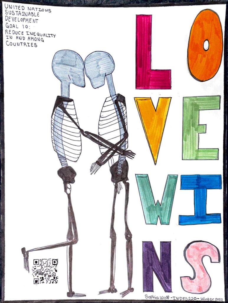 Image of two skeletons embracing each other with "LOVE WINS" along the side. Connecting to United Nations Sustainable Development Goal 10.