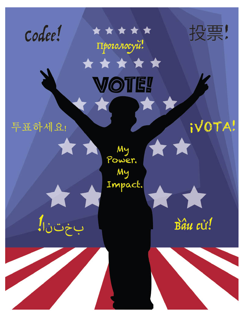 Dark silhouette of person with background of blue, white stripes, and red and white stars, with "VOTE!" above person, "My Power. My Impact." in yellow in the silhouette. Surrounded by "Vote!" in Spanish, Russian, Arabic, Vietnamese, Somali, and Chinese.