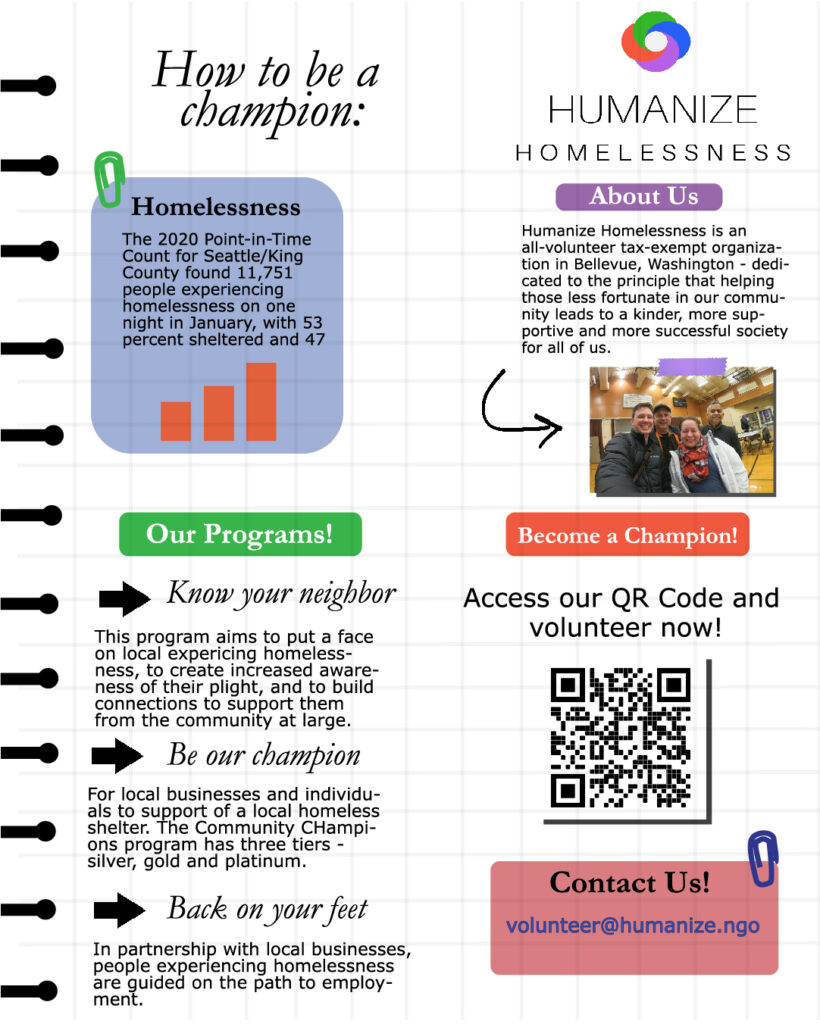 Poster for Humanize Homelessness, with its logo in the top right corner. It contains the following information: "How to be a champion:" And a blue box with green paperclip below it with "Homelessness, The 2020 Point-in-Time Count for Seattle/King County found 11,751 people experiencing homelessness on one night in January, with 53 percent sheltered and 47" with a small orange bar graph. Under the logo is "About Us" with "Humanize Homelessness is an all-volunteer tax-exempt organization in Bellevue, Washington - dedicated to the principle that helping those less fortunate in our community leads to a kinder, more supportive and more successful society for all of us." with an arrow pointing to a photo of four people.

In the mid to bottom left, is "Our Programs!" with "Know your neighbor - This program aims to put a face on locals expericing homelessness, to create increased awareness of their plight, and to build connections to support them from the community at large." Below that, "Be our champion - For local businesses and individuals to support of a local homeless shelter. The Community CHampions program has three tiers - silver, gold and platinum." And "Back on your feet - In partnership with local businesses, people experiencing homelessness are guided on the path to employment."

On the bottom right, written "Become a Champion!" and "Access our QR Code and volunteer now!" with a QR code and then "Contact Us! volunteer@humanize.ngo".