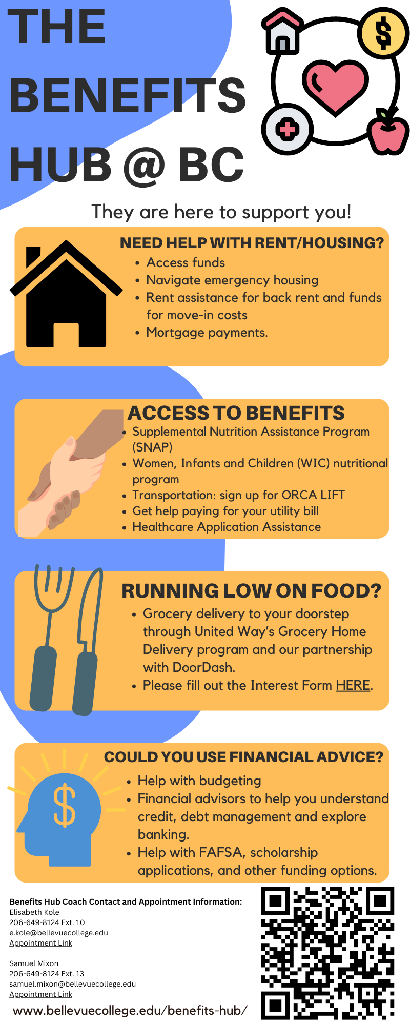 Informational Flyer with "THE BENEFITS HUB @ BC" at the top, with an image of a heart surrounded by a home, $, apple, and medical sign. Below says "They are here to support you!" followed by yellow boxes with an image and information.

A black and white icon of a house with "NEED HELP WITH RENT/HOUSING?", followed by bullet points stating "Access funds", "Navigate emergency housing", "Rent assistance for back rent and funds for move-in costs", and "Mortgage payments".

Icon of hands grabbing each other, with "ACCESS TO BENEFITS", followed by "Supplemental Nutrition Assistance Program (SNAP)", "Women, Infants and Children (WIC) nutritional program", "Transportation: sign up for ORCA LIFT", "Get help paying for your utility bill," and "Healthcare Application Assistance".

Icon of a fork and knife, with "RUNNING LOW ON FOOD?", followed by "Grocery delivery to your doorstep through United Way's Grocery Home Delivery program and our partnership with DoorDash", and "Please fill out the interest form HERE" with a hyperlink.

 Icon of blue head with yellow $ in it, with "COULD YOU USE FINANCIAL ADVICE?", followed by "Help with budgeting", "Financial advisors to help you understand credit, debt management and explore banking", "Help with FAFSA, scholarship applications, and other funding options".

Large QR code on bottom right. On bottom left various contact details:

"Benefits Hub Coach Contact and Appointment Information:
Elisabeth Kole
206-649-8124 Ext. 10
e.kole@bellevuecollege.edu
Appointment Link (hyperlinked)
Samuel Mixon
206-649-8124 Ext. 13
samuel.mixon@bellevuecollege.edu
Appointment Link (hyperlinked)
www.bellevuecollege.edu/benefitshub"