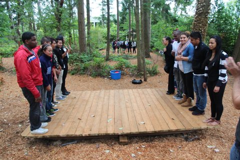 Students standing on opposite ends of a see-saw