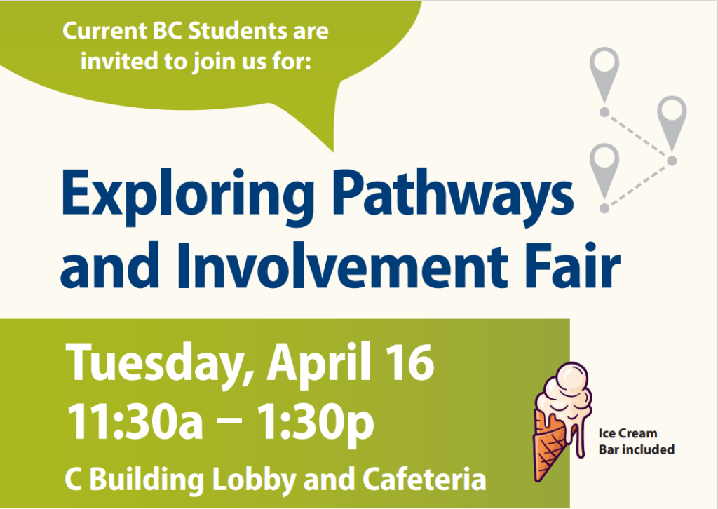 Exploring Pathways and Involvement Fair Flyer with date, time, and location of event.
(Tuesday, April 16. 11:30 am - 1:30 pm. C Building Lobby and Cafeteria)