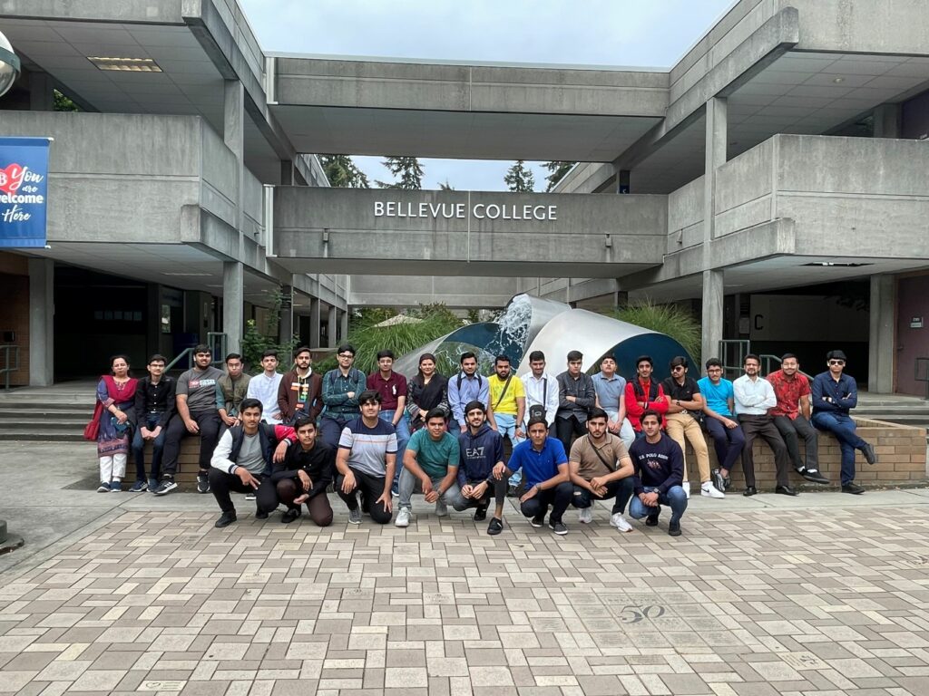 Group of students at Bellevue College's water fountain