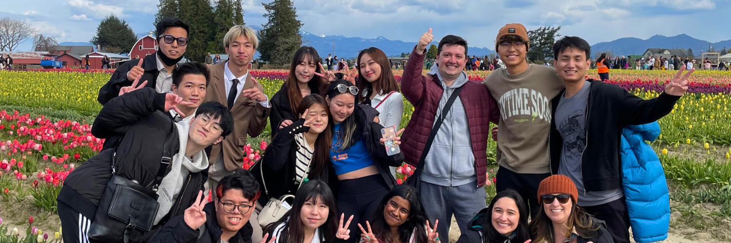 Students in a tulip field
