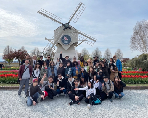 Students attending a student organized trip to the tulip festival