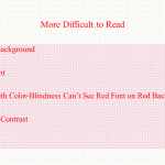 This slide is difficult to read. It has a patterned background, small font, red font on a red background, low color contrast and uses a serif font.