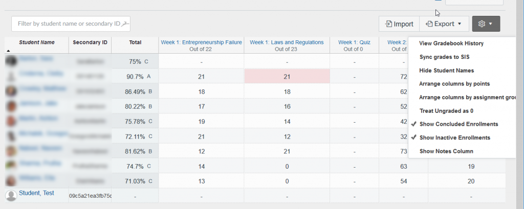 Old Gradebook: Options dropdown menu