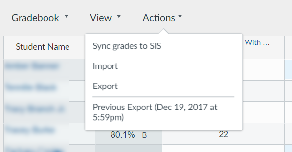 New Gradebook: Actions dropdown menu