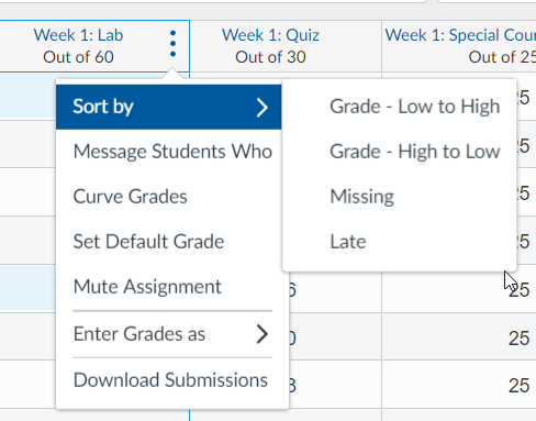 New Gradebook: Sort by submenu