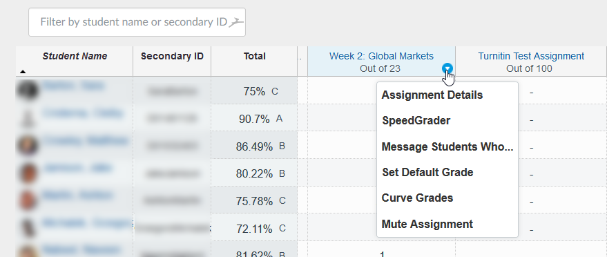 Old Gradebook: Assignment dropdown menu