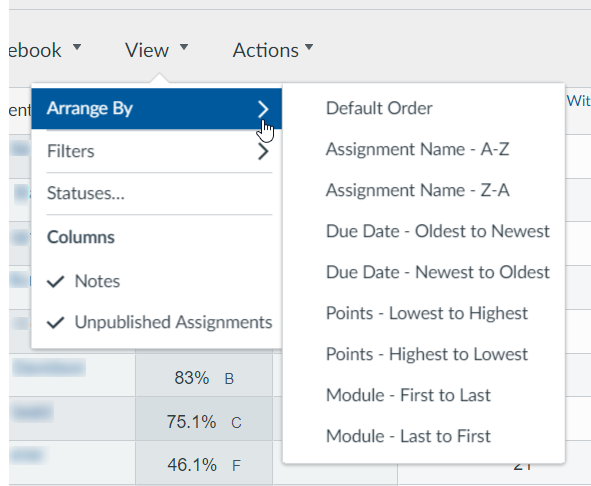 New Gradebook: View menu