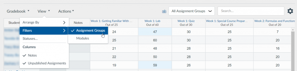 New Gradebook: Filters menu