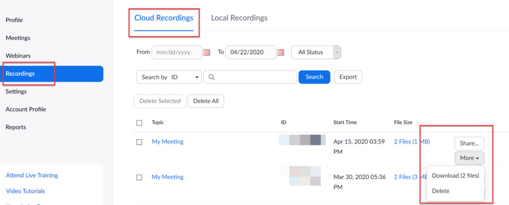 Delete Zoom recordings