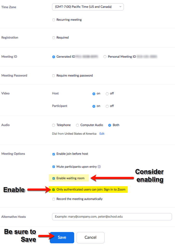 Zoom meeting settings: Only authenticated users can join.