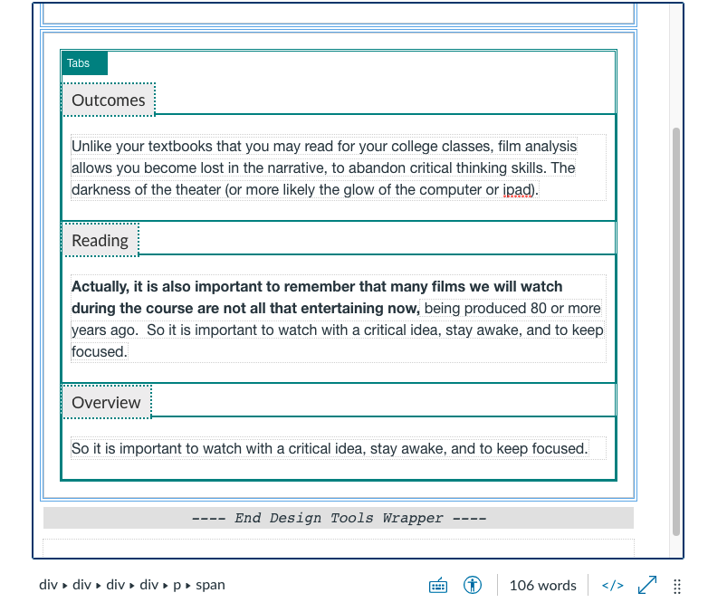 Tabs with content added into the fields.