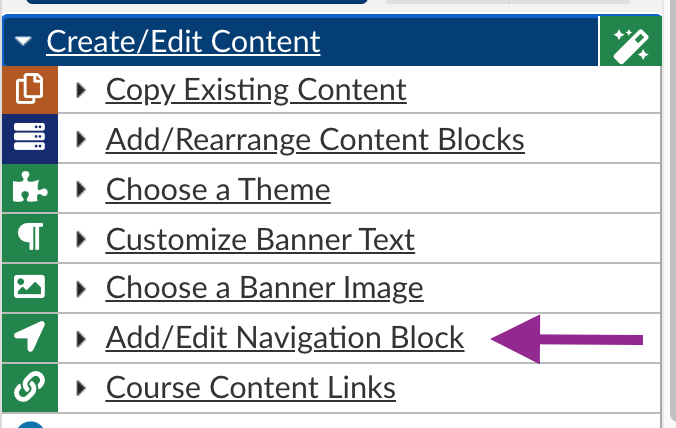 Add/Edit Navigation Block link in the Create/Edit Content menu